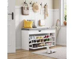 Schoenenbank - Schoenenbank met Opbergruimte en 3-Laags Klaplade - Schoenenrek Bank met Verstelbare Planken en Verborgen Opbergruimte - Wit - 100 x 30 x 55 cm