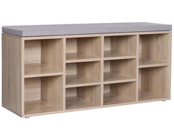 Schoenenbank Schoenenrek Opbergkast met 10 open vakken en zacht, comfortabel kussen Geschikt voor hal en slaapkamer 104 x 30 x 48 cm Natuurlijke kleur