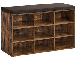 Schoenenbank Schoenenrek Opbergkast met 9 open vakken en zacht, comfortabel kussen Geschikt voor hal en slaapkamer 30.3 x 78.5 x 48 cm bruin