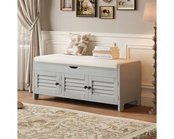 Schoenenbank – Schoenenrek – Schoenenkast – Opbergbank – Halmeubel – Bamboe Materiaal – Comfortabele Katoenen Zitting – 3 Louverdeuren Met Verborgen Opbergruimte