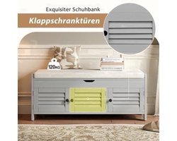 Schoenenbank – Schoenenrek – Schoenenkast – Opbergbank – Halmeubel – Bamboe Materiaal – Comfortabele Katoenen Zitting – 3 Louverdeuren Met Verborgen Opbergruimte