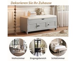 Schoenenbank – Schoenenrek – Schoenenkast – Opbergbank – Halmeubel – Bamboe Materiaal – Comfortabele Katoenen Zitting – 3 Louverdeuren Met Verborgen Opbergruimte