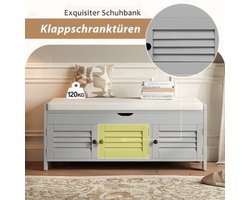 Schoenenbank – Schoenenrek – Schoenenkast – Opbergbank – Halmeubel – Bamboe Materiaal – Comfortabele Katoenen Zitting – 3 Louverdeuren Met Verborgen Opbergruimte