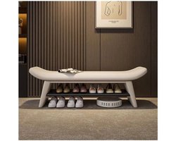 Schoenenbank van massief hout - Halmeubel met leren bank - Voor een georganiseerde entree - Zacht, comfortabel kussen - 80 cm - Beige