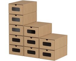 Schoenenbox ladekast opbergdoos 10-delige set met kijkvenster en lade schoenendoos kartonnen doos van kraftpapier , Sneakerbox speelgoeddoos - Stapelbaar & Universeel - Schoenen doos Bruin