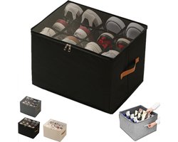 Schoenendoos - Opbergbox - Schoenenorganizer - Stoffen schoenendoos - Opvouwbare schoenbox - 43x32x30cm - Met transparant deksel - Met stevige handgreep - Er passen 6 paar schoenen in - Zwart