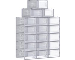Schoenendoos voor schoenen op maat 46, stapelbare schoenorganisator, opvouwbaar en veelzijdig, transparant en grijs, 18 stuks