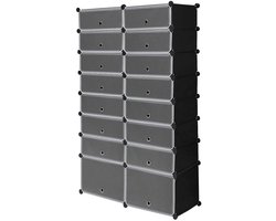 Schoenenkast - 16 Kubus Schoenenrek met Deur - Modulaire Schoenenopslag - Kunststof Opbergkast - Flexibel Schoenenmeubel - Voor Hal, Slaapkamer of Woonkamer - Zwart - 94x160x35 cm