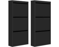 Schoenenkast 2-delige Set - Met 3 Flappen per Kast - Smal Metalen Schoenenrek - Voor 9 Paar Schoenen - Voor Hal, Woonkamer of Slaapkamer - Vooraf Gemonteerd - 50x106x15 cm - Zwart