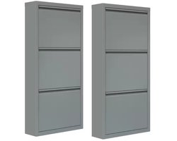 Schoenenkast 2-delige Set - Met 3 Flappen per Kast - Smal Metalen Schoenenrek - Voor 9 Paar Schoenen - Voor Hal, Woonkamer of Slaapkamer - Vooraf Gemonteerd - 50x106x15 cm - Grijs