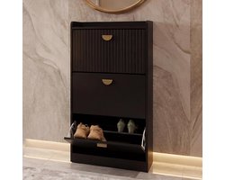 Schoenenkast 3 Kleppen – House&Garden Schoenenkast Smal 117x60x24 cm – Lamellen Design Zwart Houtlook – MDF Melamine Schoenen Opbergkast voor Hal/Gang – 18 Paar Schoenen – Metalen Gouden Handgrepen – Moderne Schoenenrek Kast