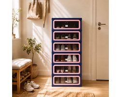 Schoenenkast - 45x34,5x105,5 cm - 6 Laags Opvouwbare Schoenenkast Zonder Montage - Transparante Deuren met Magnetische Sluiting - Opbergkast voor Hal, Entree en Woonkamer - PP ABS