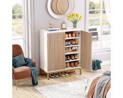 Schoenenkast 6-Laags met Deuren – 95 x 38 x 95 cm – Opbergkast voor 20–24 Paar Schoenen met Verstelbare Planken en Gouden Poten – Moderne Schoenenorganizer voor Hal, Woonkamer en Slaapkamer – Wit/Bruin – Vermissen
