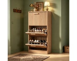 Schoenenkast 60x24x113 cm, smalle kiep schoenenkast met meerdere lagen, ruimtebesparende hal kast met opbergruimte, houtkleur