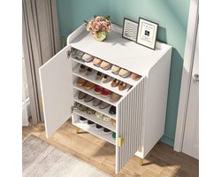 Schoenenkast 7-laags - Industrohome Luxe Schoenenkast met 2 Deuren - 30 Paar Schoenen Opbergkast - Smalle Schoenenorganizer met Verstelbare Planken - Hal Kast / Schoenenrek / Entree Meubel Wit & Goud Art Deco