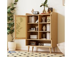 Schoenenkast 80x105x35 cm - 2 Deuren - 5 Legplanken - Natuurlijk Rotan - Houten Grepen - Massief Houten Poten - Push-to-Open - Kindvriendelijk - Licht Eiken