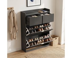 Schoenenkast - 80x24x110cm - 2 lades en 2 klepdeuren - Hout en Metaal - Modern - Zwart