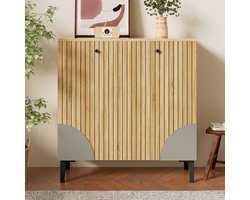 Schoenenkast 90x32x94 cm, Lichte Houten Look, 3 Deuren, Met Zwarte Poten en Grijze Decoratie, Compacte Halmeubel