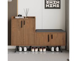 Schoenenkast - B120xD34xH82 - Modern Schoenbank 4 Deuren - Opbergkast Met Asymmetrische Handgrepen - Hout - Naturel