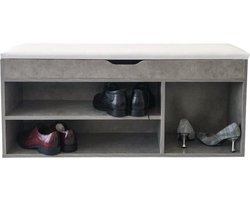 Schoenenkast hal bankje met opbergruimte - schoenenrek met zitkussen - grijs beton look
