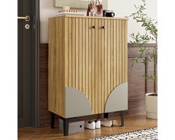 Schoenenkast hout met deuren – Moderne schoenen organizer met vakken, opbergruimte en zwart metalen onderstel, ideaal voor gang & kleine ruimtes