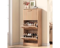 Schoenenkast Hout met Klepdeuren – Smalle Schoenenrek voor 12-18 Paar – Modern & Ruimtebesparend – Schoenen Organizer voor Hal of Slaapkamer – 113x60x24 cm