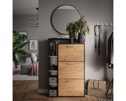 Schoenenkast Industrialhome “Orlando Deluxe” – 3 Compartimenten – Modern Schoenenmeubel – Goldkraft Eiken & Antraciet – 80x128,3x24,2 cm – Ruimtebesparend Design – Halmeubel – Met Open Planken & Deuren – Luxe Opbergkast voor Schoenen