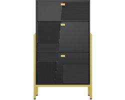 Schoenenkast ingangskast opbergkast met 1 laad en 2 klapbare dubbele compartimenten ontwerp met hoge kastpoten gouden handgrepen en potdecoraties 65 x 25 x 120,5 cm zwart