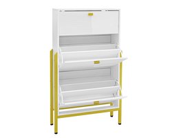Schoenenkast ingangskast opbergkast met 1 laad en 2 klapbare dubbele compartimenten ontwerp met hoge kastpoten gouden handgrepen en potdecoraties 65 x 25 x 120,5 cm wit