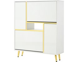 Schoenenkast inkomkast opbergkast met 16-kleurige veranderlijke LED-verlichting 2 dubbele laag opbergcompartimenten en 2 dubbele laag omklapcompartimenten modern ontwerp met gouden decoraties 80 x 25 x 96 cm wit