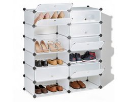 Schoenenkast Kunststof Met 12 Vakken Voor Minimaal 24 Paar Schoenen – Schoenenrek Met Flexibel Steeksysteem Open of Gesloten Op Te Bouwen – Opbergkast 108 x 94 x 37 cm Ruimtebesparend en Transparant