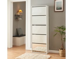 Schoenenkast Lund met 5 kleppen spiegeldeuren wit 169x60x24 cm [en.casa]