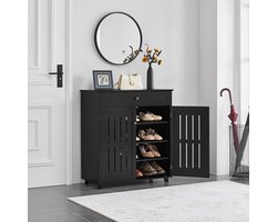 Schoenenkast met 1 Lade en 2 Deuren - Verstelbare Planken en 4 Opbergvakken, Geschikt voor Hoge Hakken/Laarzen (78 × 37 × 85,5 cm, Zwart)
