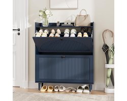 Schoenenkast met 2 Klapdeuren 50 x 24 x 95 cm – Smalle Schoenenkast Hal Entree – Opbergkast voor 12-16 Paar Schoenen met 3D Geribbeld Paneel en Legplank – Zwart Hout – Yesdeals