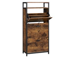 schoenenkast met 3 kleppen, schoenenrek, schoenenkantelaar, schoenenkast met 3 vakken, schoenenplanken, in de gang, voor 12-18 paar schoenen, ruimtebesparend, 60 x 30 x 130 cm, vintage bruin-zwart LBS101B01