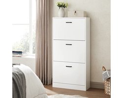 - schoenenkast met 3 kleppen, schoenenrek, schoenenkipper, schoenenkist met 3 vakken, verstelbaar, voor hal, woonkamer, slaapkamer, 60 x 24 x 120 cm (L x B x H), wit