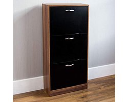 Schoenenkast met 3 Laden - Houten Opbergkast voor Schoenen in Walnoot en Zwart