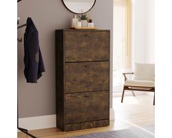 Schoenenkast met 3 lades en opbergruimte voor schoenen, veelzijdige organizer in donker hout