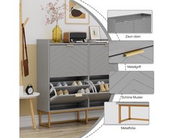 Schoenenkast met 4 Kleppen – HomeByNicole Luxe Smalle Schoenenkast 100x24x91 cm – Moderne Schoenen Opbergkast met Goudkleurige Handgrepen – Grijze Hal Kast met Kantelbeveiliging en Verstelbare Planken – Schoenenmeubel voor Woonkamer, Gang & Entree
