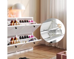 Schoenenkast met 4 Kleppen – HomeByNicole Luxe Wit Schoenenrek – Smalle Schoenenkast met Verstelbare Lades, Antikantel Systeem & Grote Opbergruimte – 105x24x80 cm – Moderne Schoenen Organizer voor Hal, Entree & Gang