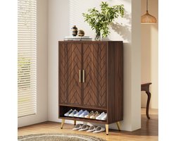 Schoenenkast met Deuren – Compact Schoenen Rek en Kast voor de Hal – Stijlvolle Schoenenkast voor Georganiseerde Opberging - 6 Laags - Verstelbaar - Bruin/Zwart - 110x72x37cm