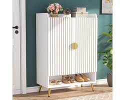 Schoenenkast met deuren - Schoenenrek opbergkast - Entree organiseren - Verstelbare planken - 75 cm breed - Wit en goud