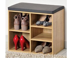 Schoenenkast met GRIJS Zitkussen, voorzien van 5 Opbergvakken | Schoenenbank voor Schoenen en Laarzen | 1 Variabel Vak | Afm. 51,5 x 48 x 29,5 Cm. Kleur: EIKENHOUT