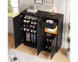 Schoenenkast met lade – Zwart, verstelbare legplanken, opbergkast voor 14–18 paar schoenen, modern design voor hal en entree