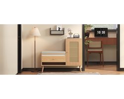 Schoenenkast Met Opbergbank En Kussen - Halbank Met Rotan Deur En Lade - 95x35x80 Cm Naturel