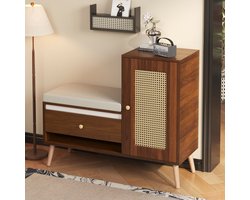 Schoenenkast Met Opbergbank En Kussen - Halbank Met Rotan Deur En Lade - 95x35x80 Cm Okkernoot
