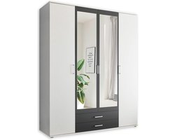 Schoenenkast met spiegel - Hanau kledingkast met spiegeldeur - wit grafiet - draaideurkast - 4 deurs - 160 x 196 x 54 cm - slaapkamer. Schoenenkast met spiegel