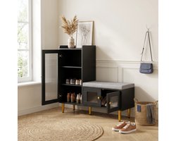 Schoenenkast met zitbank - 100x35x119.5 cm - Halmeubel met glazen deuren - verstelbare planken - hout en metaal - modern - zwart