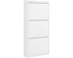 Schoenenkast Metaal 3 Kleppen – Smalle Schoenenkast 15 cm Diep – Schoenenrek met Wandmontage – 50 x 15 x 104 cm – Ruimtebesparend Schoenen Opbergsysteem voor Hal, Gang & Entree – Tot 9 Paar – Wit