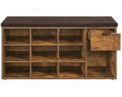 Schoenenkast opbergkast 104 x 30 x 48 cm, bruin met 10 open opbergvakken, 1 lade en schoenenbank, stevig en duurzaam houten frame, comfortabele zachte zitkussen, geschikt voor entree, woonkamer en slaapkamer,